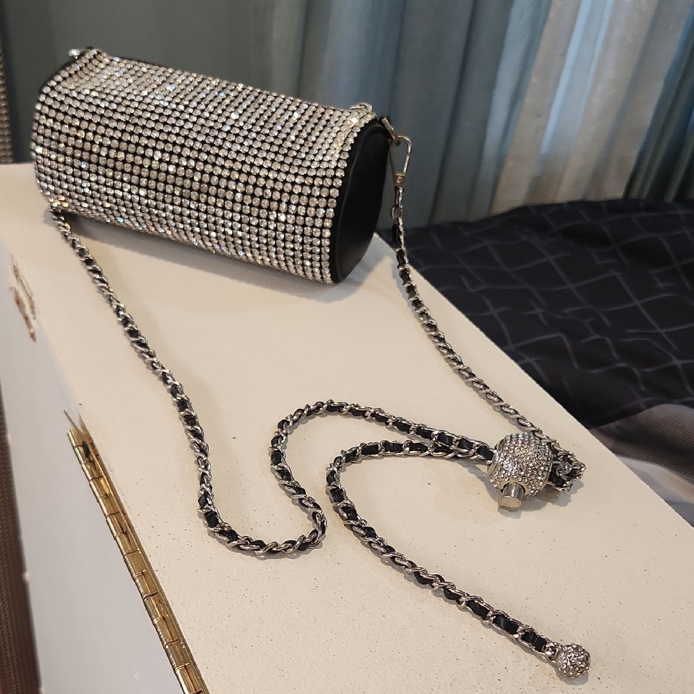 Rhinestone Silver Crystal Clutch Bag Barrel Purse Beaded